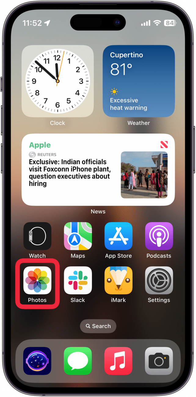 iphone home screen with a red box around photos app