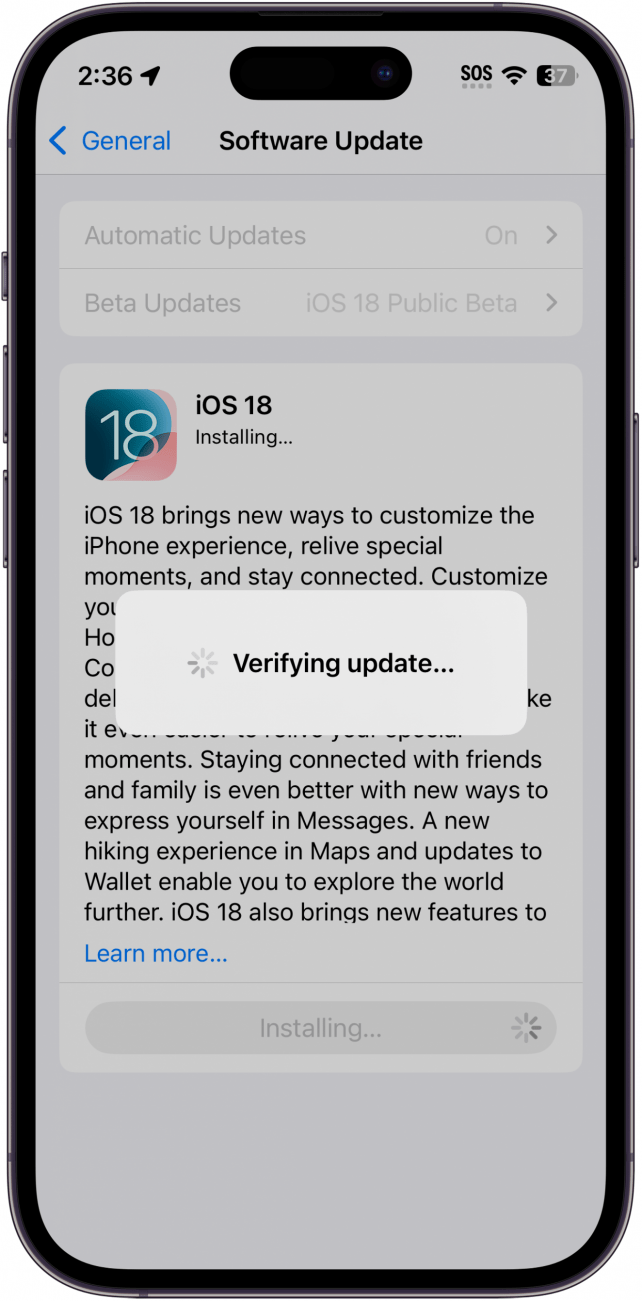 iphone software update screen with a verifying update window