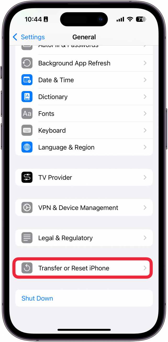 iphone general settings with a red box around transfer or reset iphone