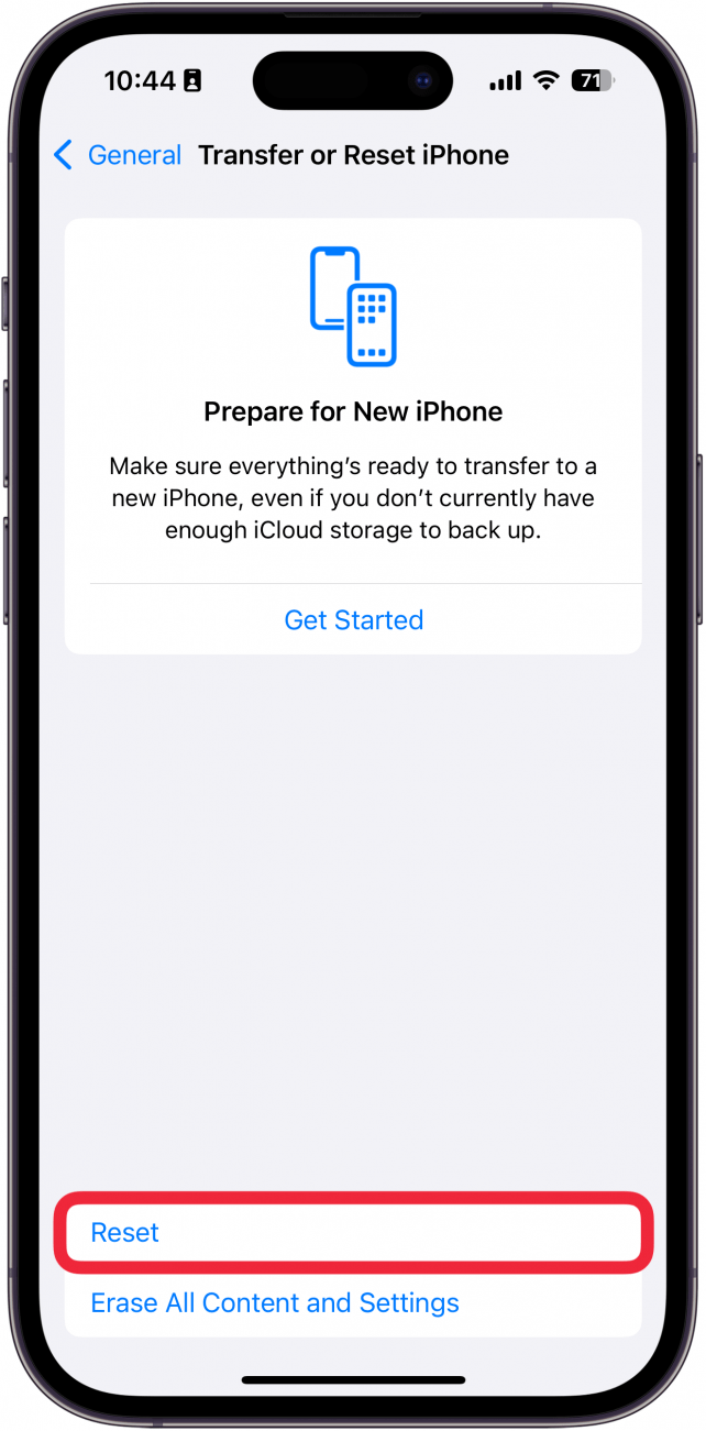 iphone transfer or reset settings with a red box around reset