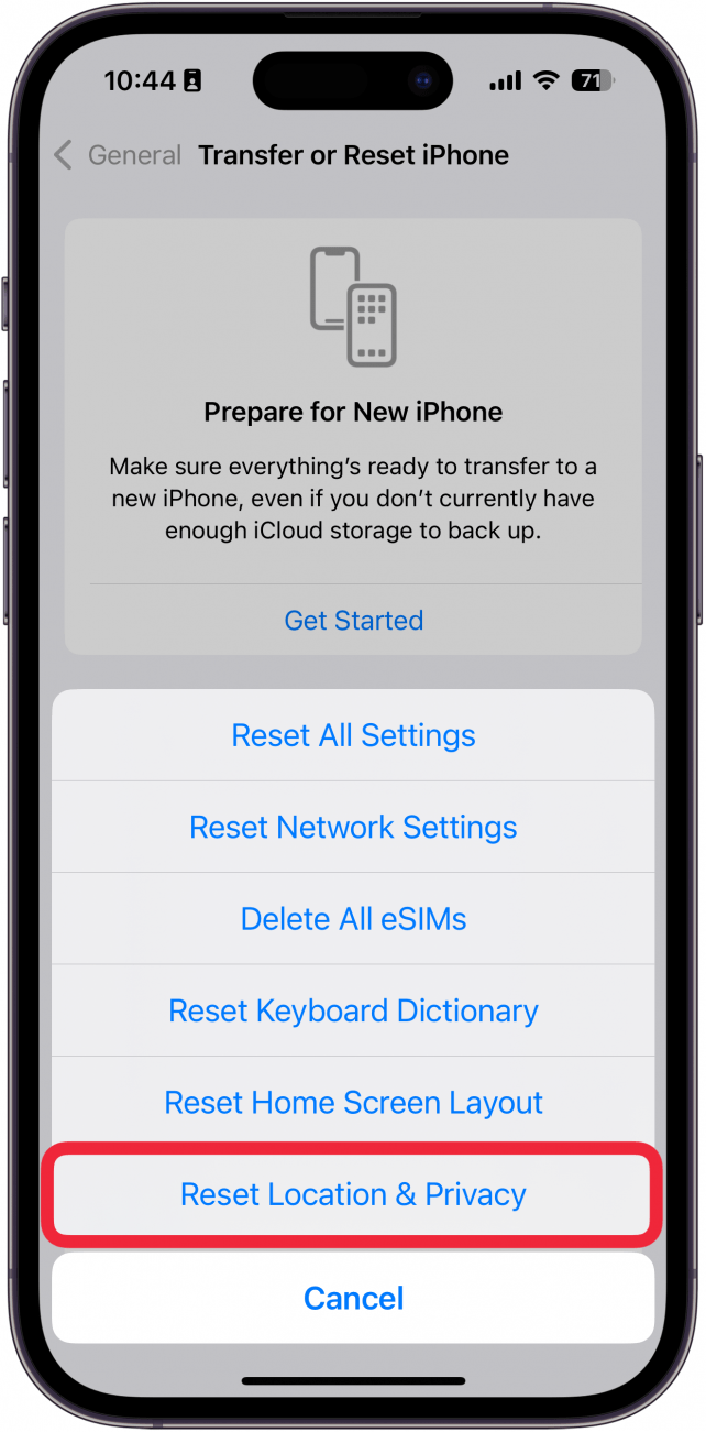 iphone reset menu with a red box around reset location and privacy