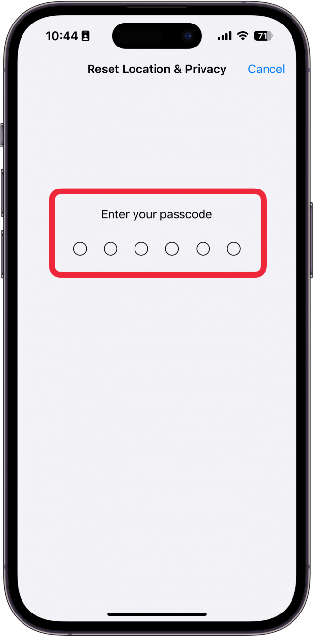 iphone reset screen prompting the user to enter their passcode