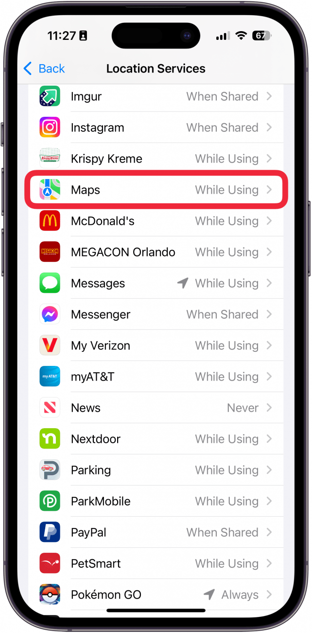 iphone location settings with a red box around the maps app