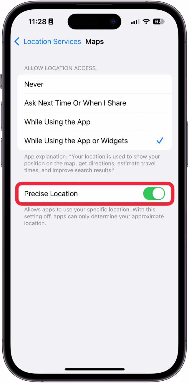 iphone maps location setting with a red box around precise location toggle