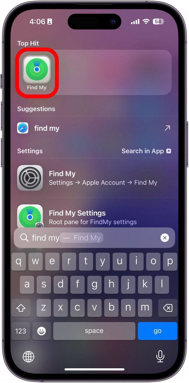 iphone spotlight search with a red box around find my app