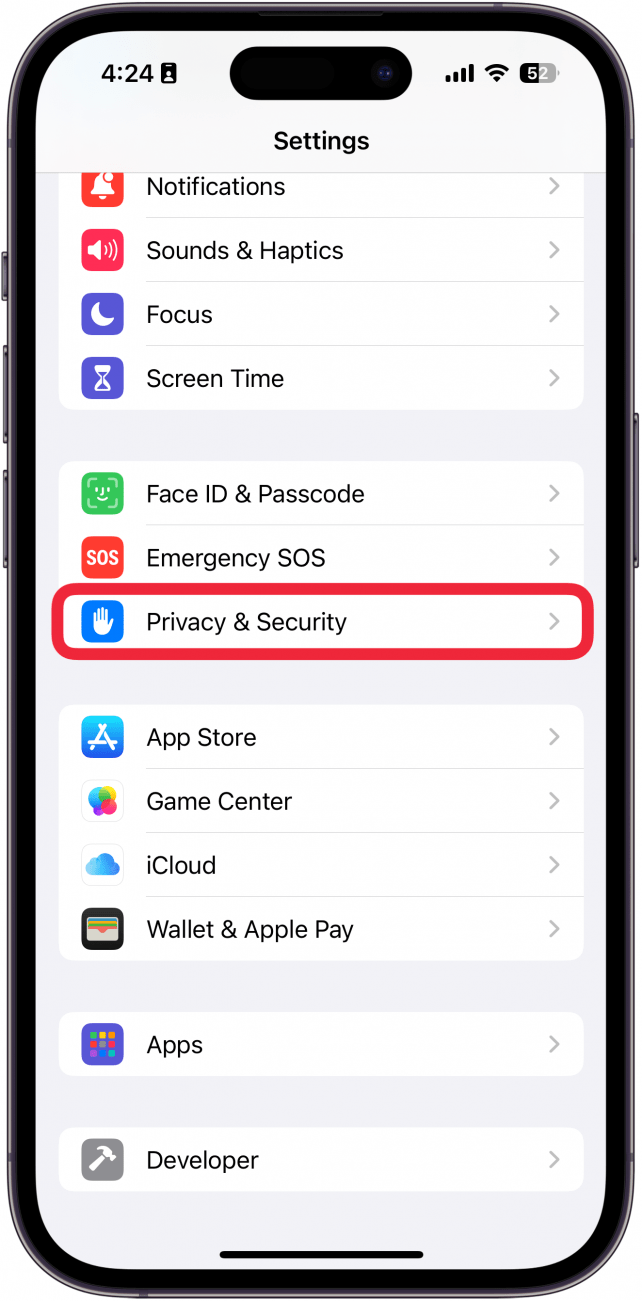 iphone settings with a red box around privacy and security