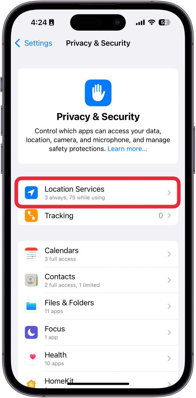 iphone privacy and security settings with a red box around location services