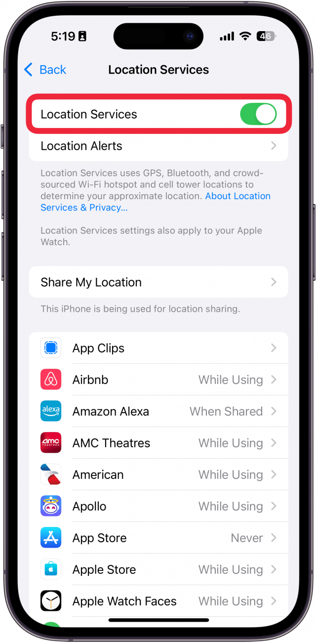 iphone location services settings with a red box around location services toggle