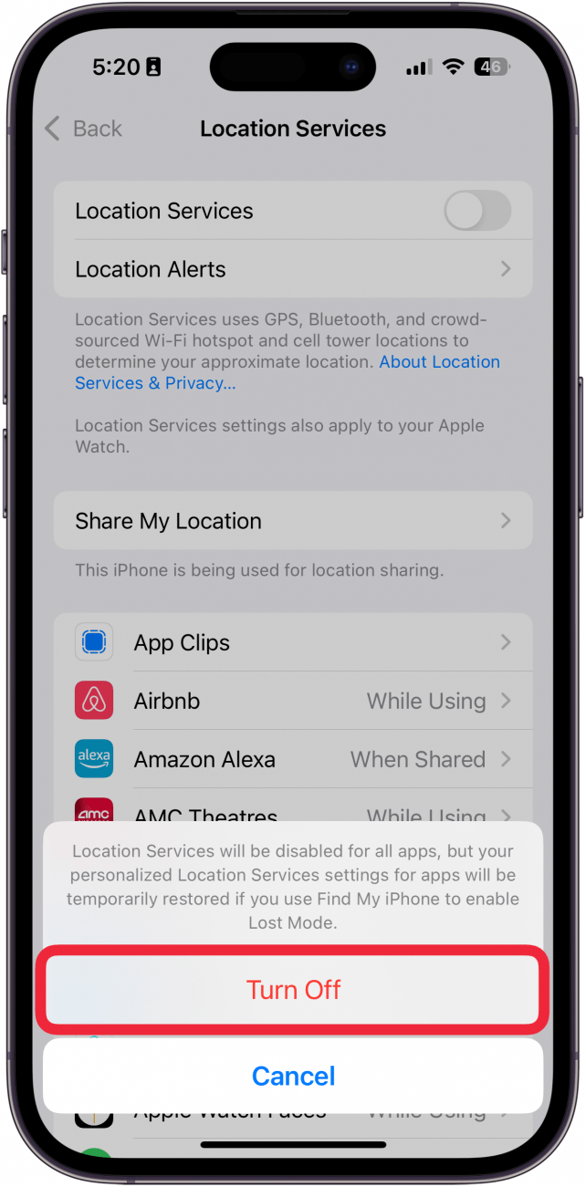 iphone location services settings displaying a confirmation screen with a red box around turn off button