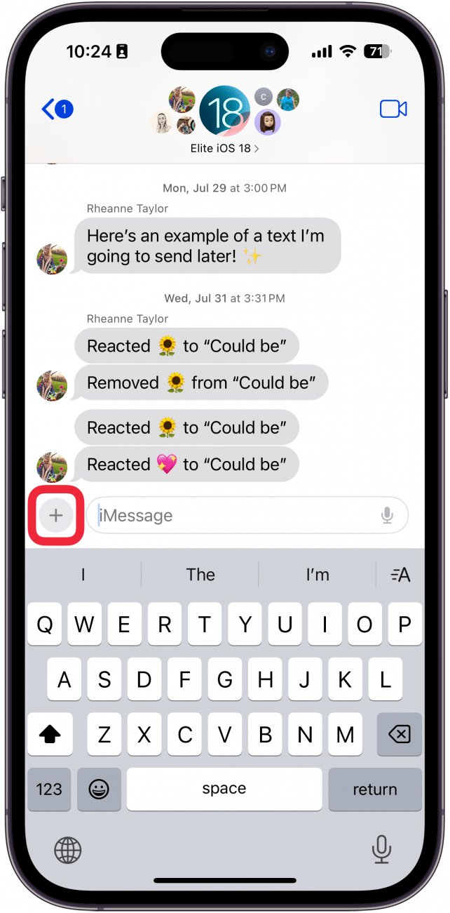 iphone messages app conversation with a red box around plus icon