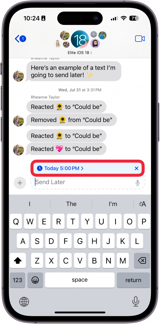 iphone messages app message scheduling with a red box around send later date and time