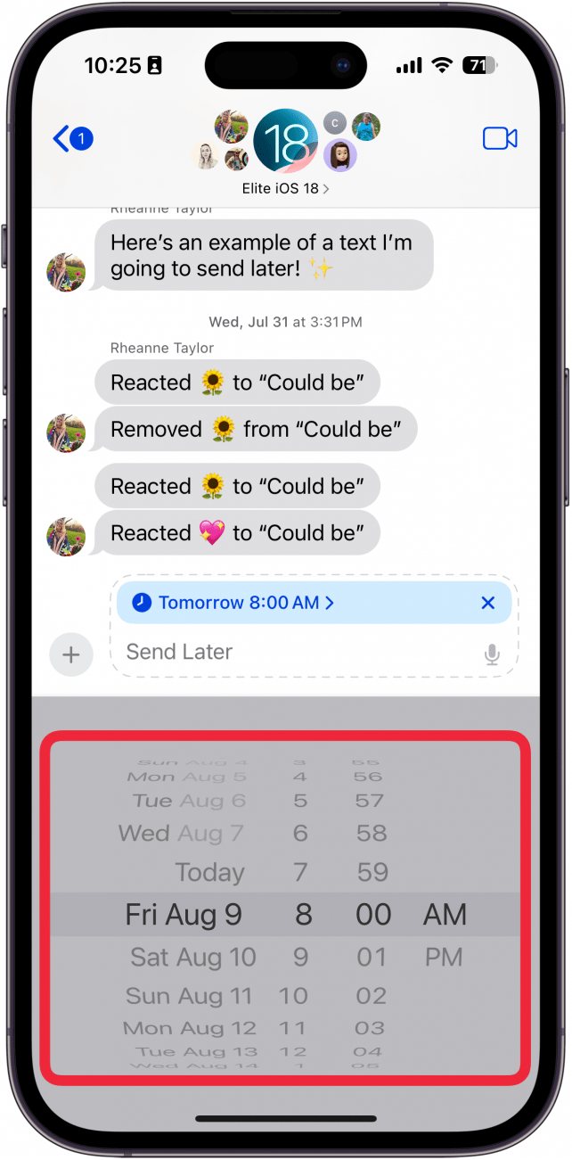 iphone messages app message scheduling displaying a scroll wheel with dates and times