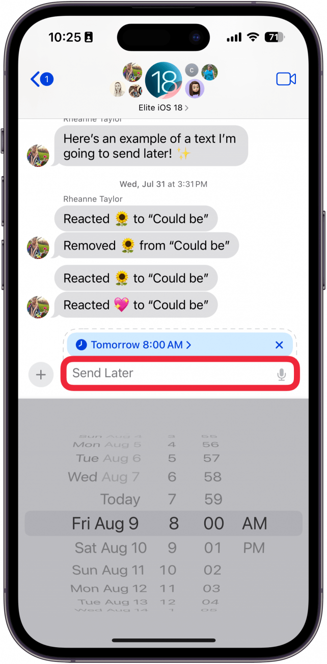 iphone messages app message scheduling displaying a scroll wheel with dates and times with a red box around the text entry field