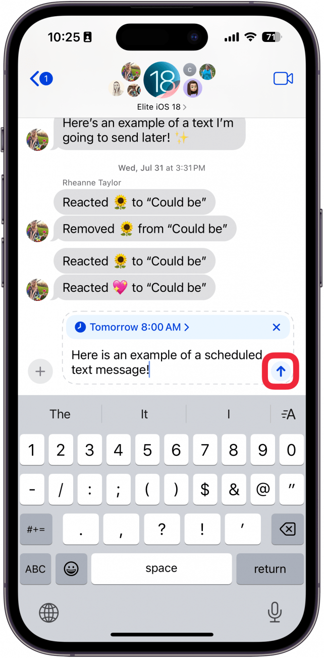 iphone messages app message scheduling with a red box around send button