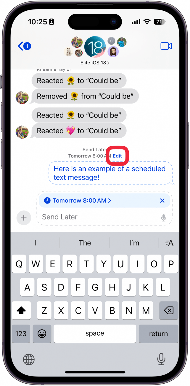 iphone messages app conversation displaying a message in a dashed bubble outline, indicating that it will be sent at a later date. There is a red box around the edit button 