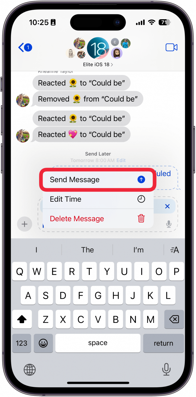 iphone messages app conversation displaying a message in a dashed bubble outline, indicating that it will be sent at a later date. A menu has opened up from the edit button with a red box around send message