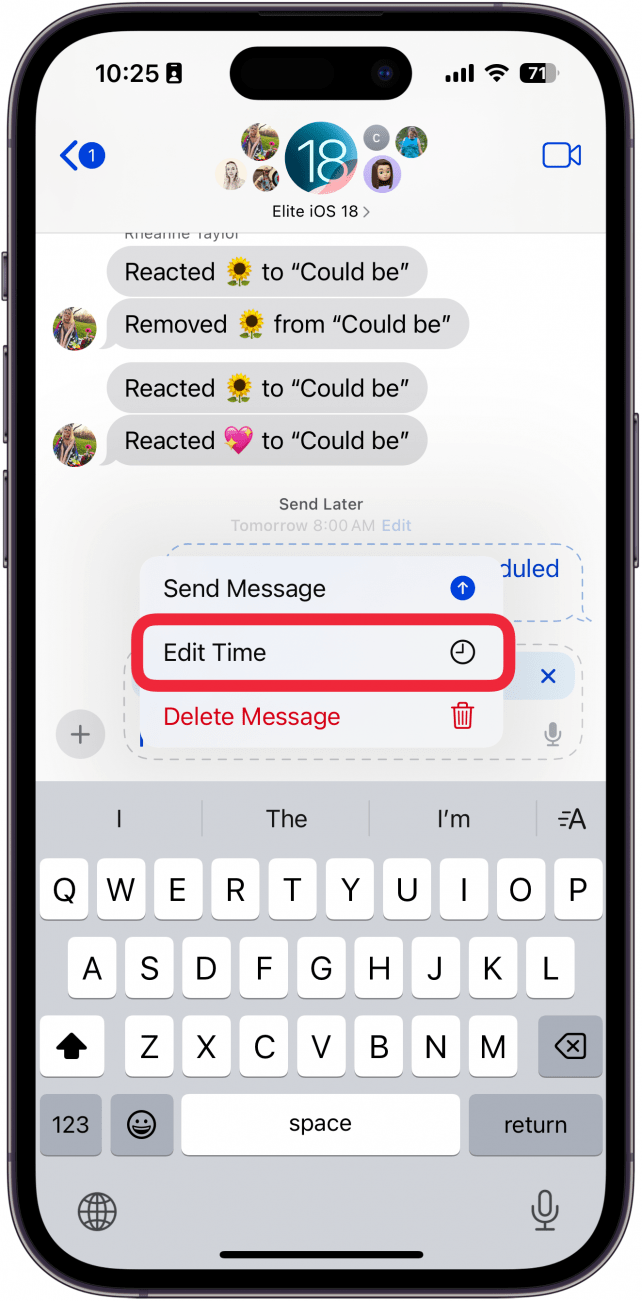 iphone messages app conversation displaying a message in a dashed bubble outline, indicating that it will be sent at a later date. A menu has opened up from the edit button with a red box around edit time