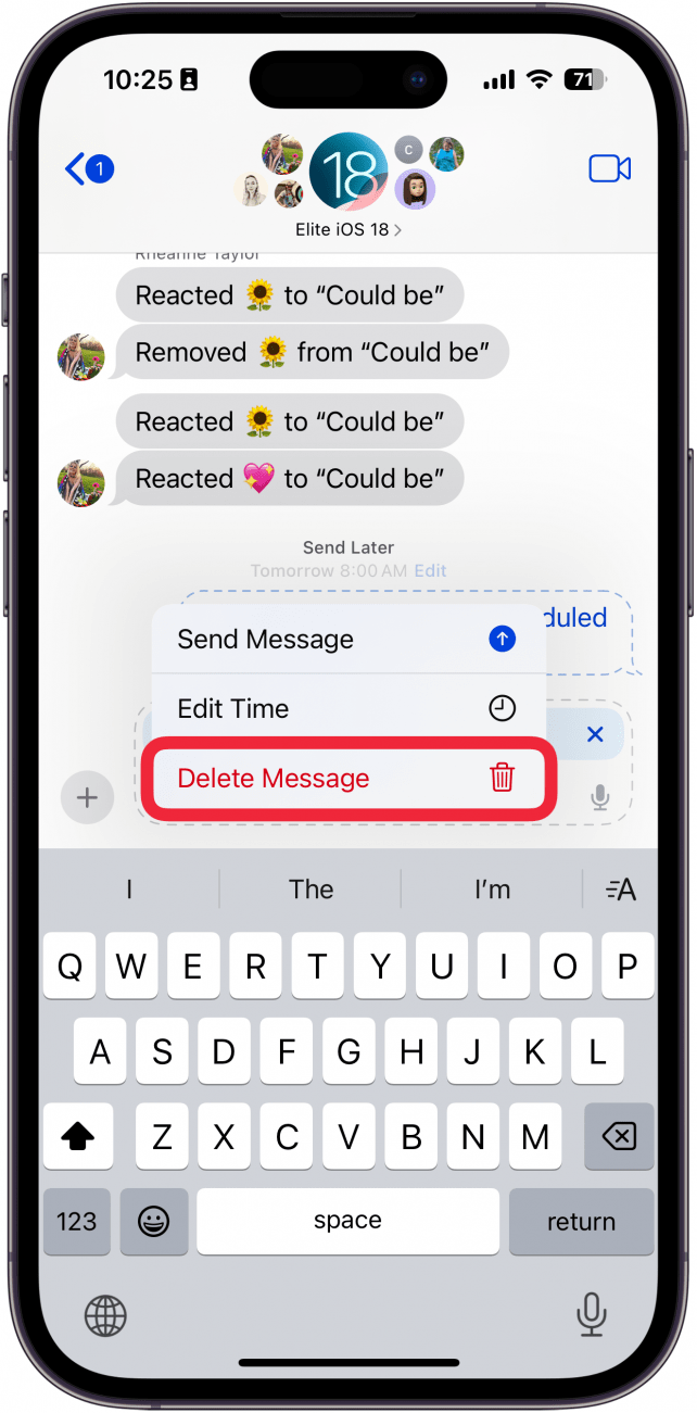 iphone messages app conversation displaying a message in a dashed bubble outline, indicating that it will be sent at a later date. A menu has opened up from the edit button with a red box around delete message