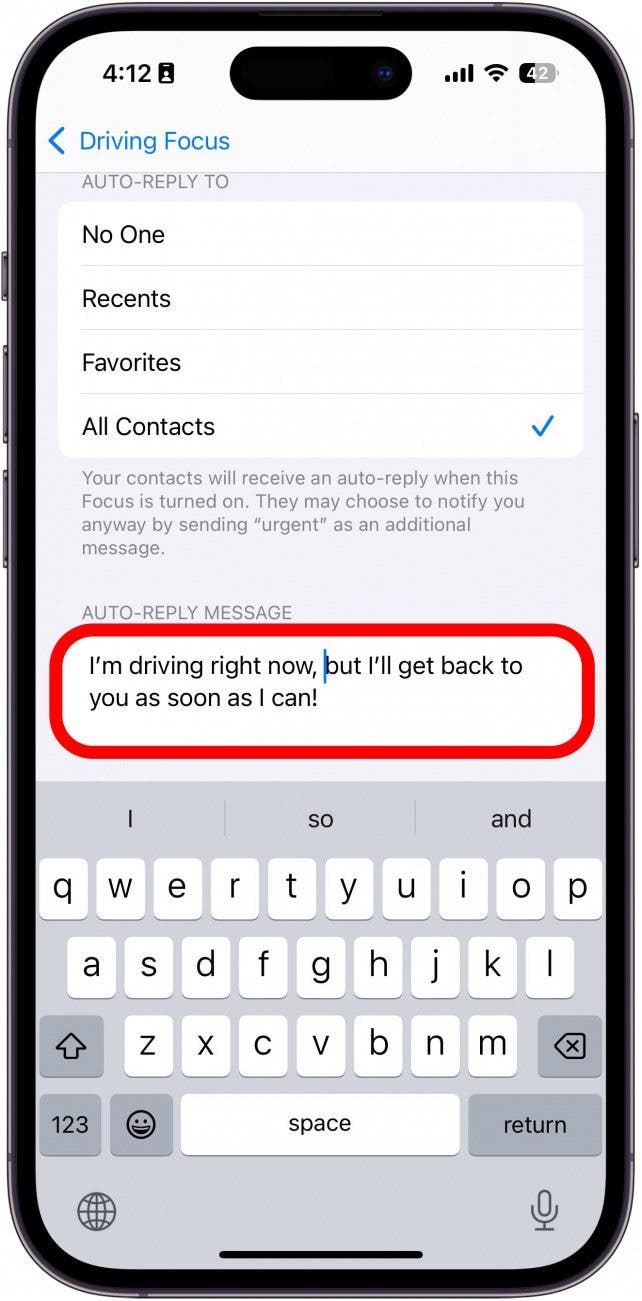 iphone driving focus auto reply settings with a red box around auto reply text box