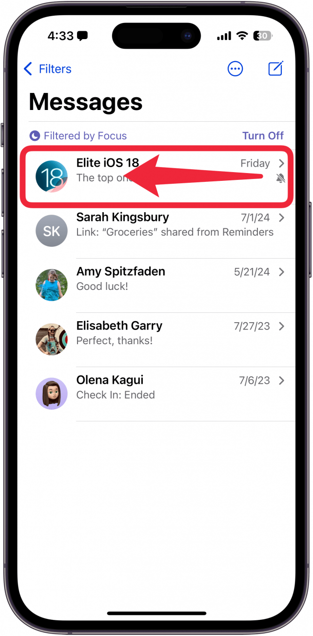 iphone messages app with a red box around a group text with a red arrow pointing left, indicating to swipe left on the conversation