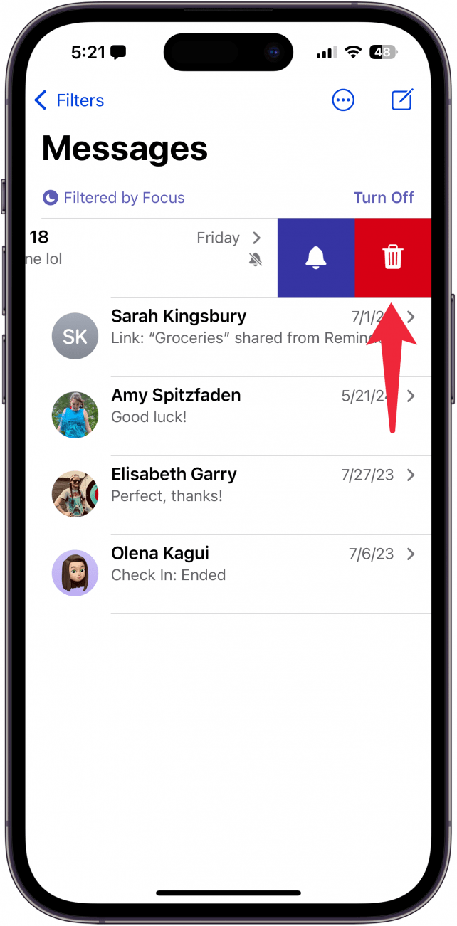 iphone messages app with a red arrow pointing at the delete button