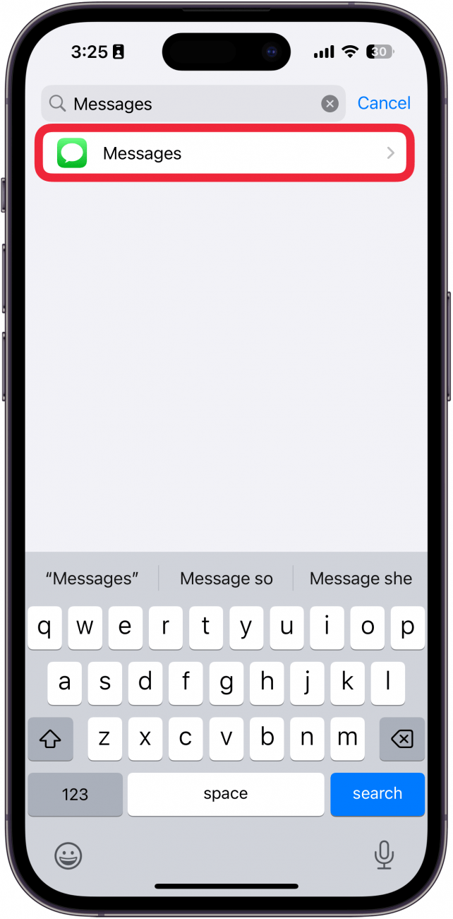 iphone app settings with a red box around messages