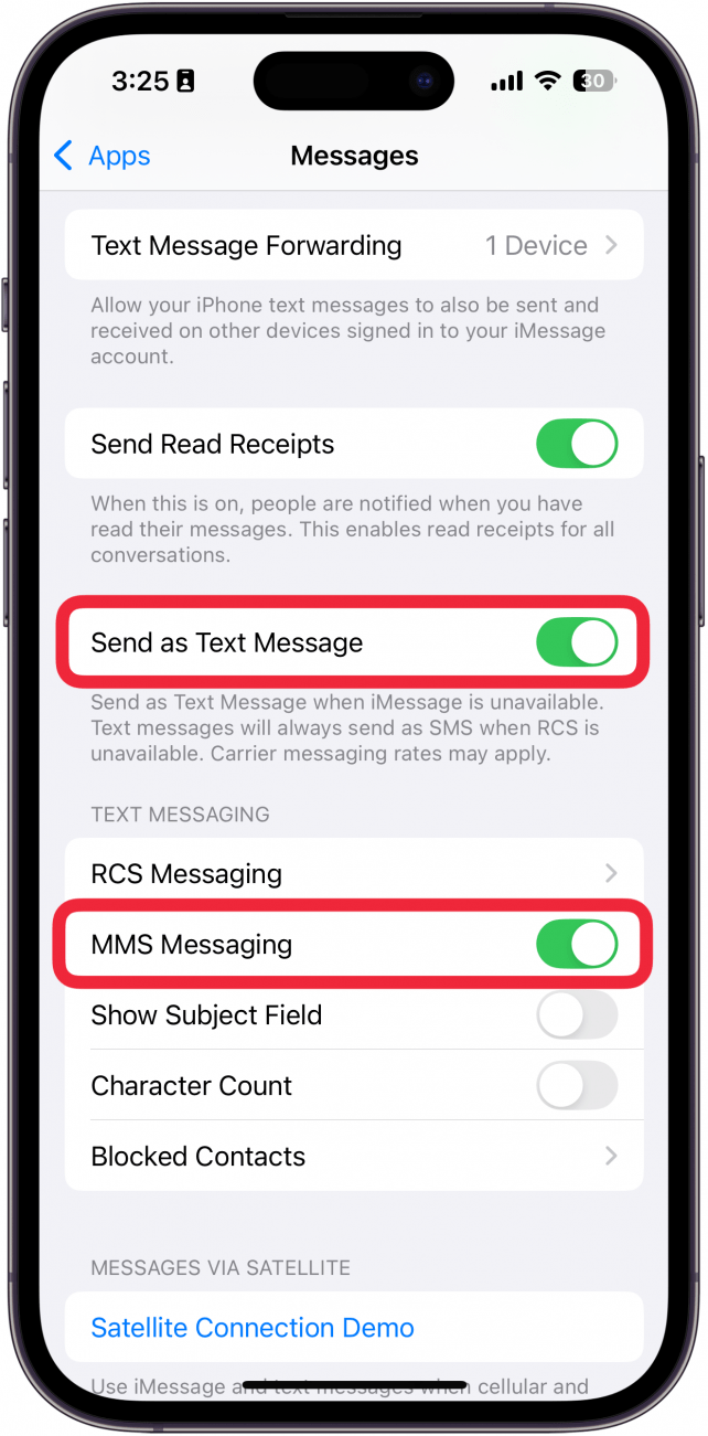 iphone messages settings with a red box around toggles for send as text message and MMS Messaging