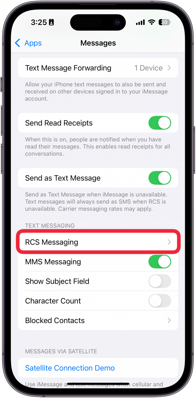 iphone messages settings with a red box around RCS messaging