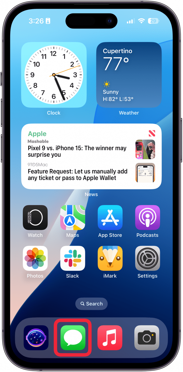 iphone home screen with a red box around messages app