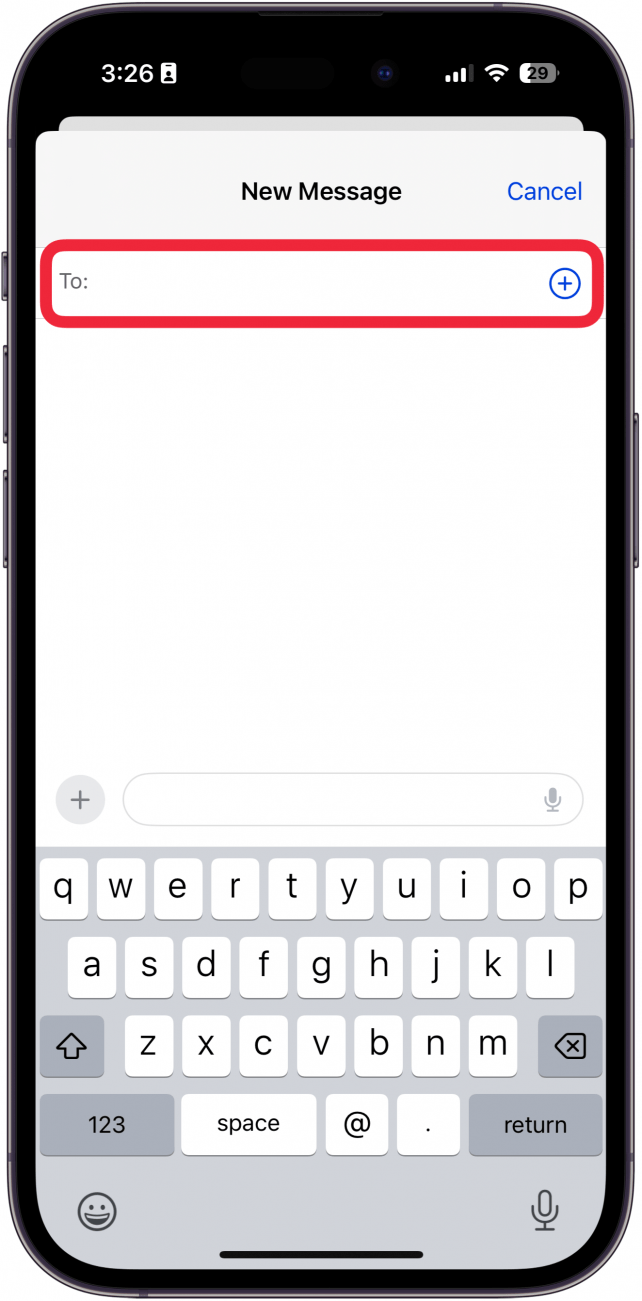 iphone messages app new message screen with a red box around to field