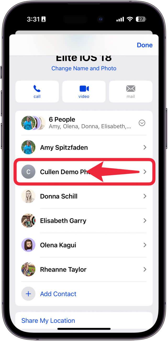 iphone group chat settings with a red box around a member in the chat with a red arrow pointing left, indicating to swipe left