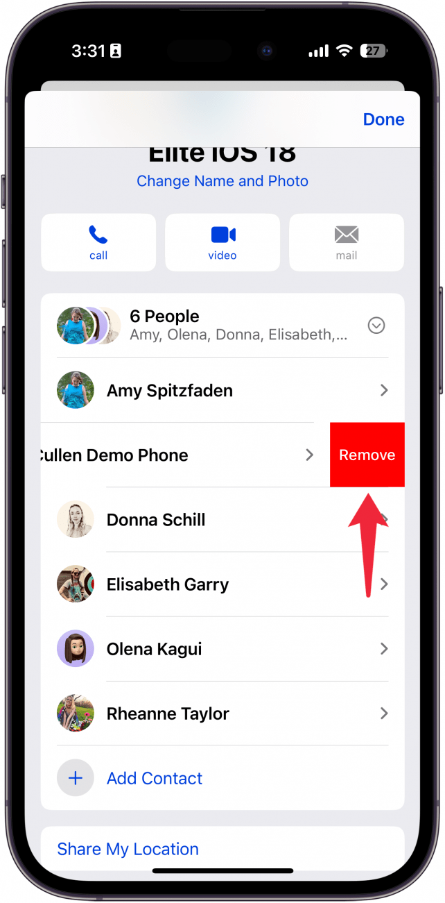 iphone group chat settings showing the members of the chat with a red arrow pointing at remove button