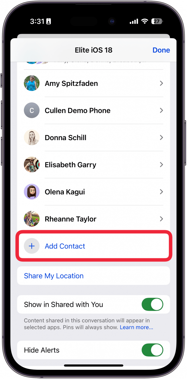 iphone group chat settings showing the members of the chat with a red box around add contact button