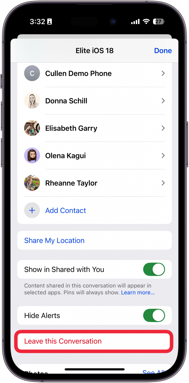 iphone group chat settings with a red box around leave conversation button