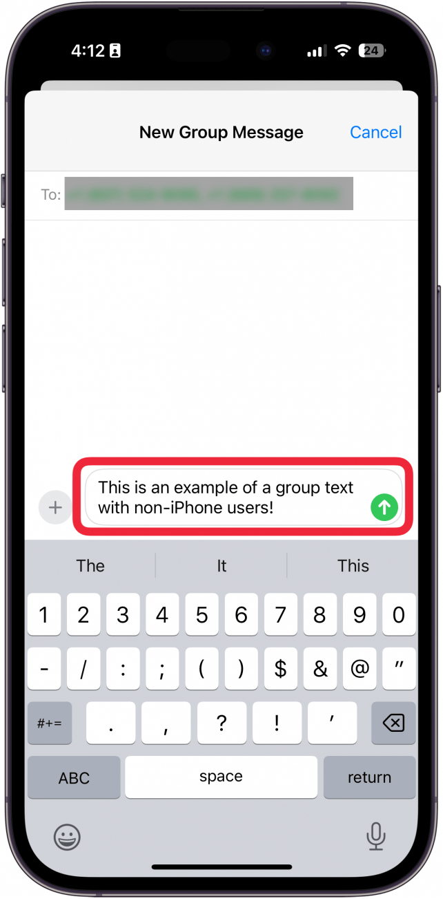 iphone messages app new message screen with a red box around text field and a green send button indicating that this is a group text with android users