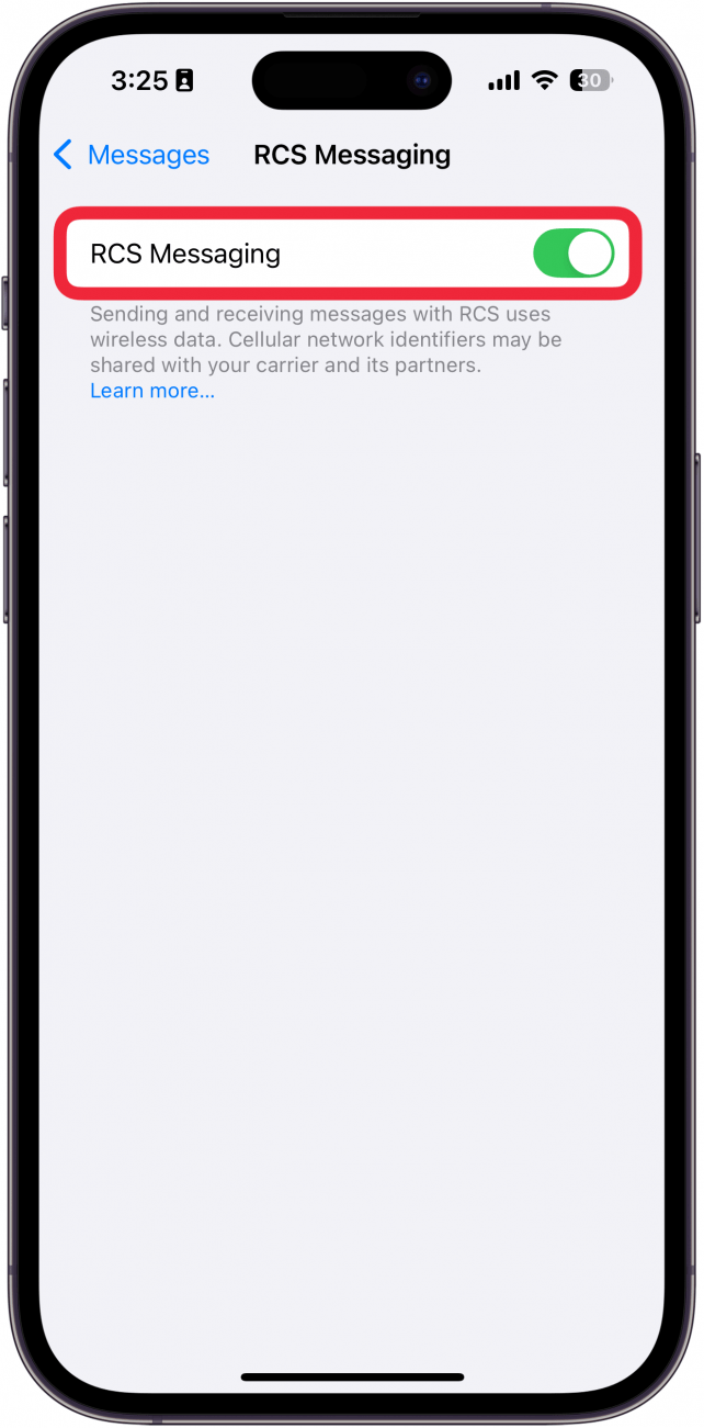 iphone messages rcs settings with a red box around toggle for RCS messaging