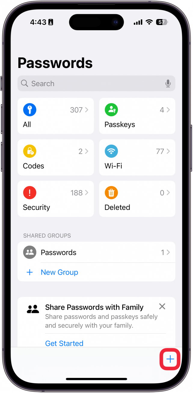 iphone passwords app with a red box around plus icon