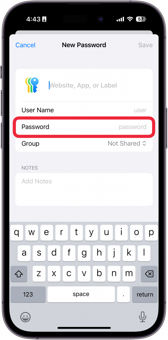 iphone passwords app new password screen with a red box around password field