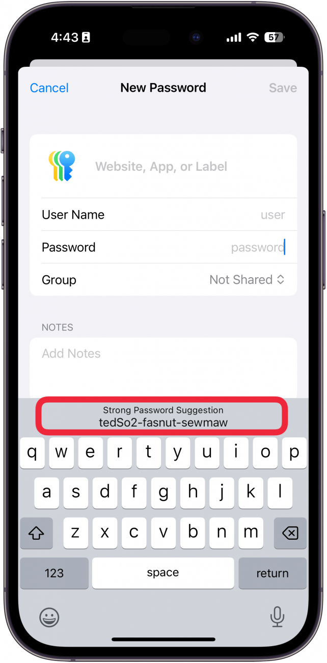 iphone passwords app new password screen with a red box around a suggested password