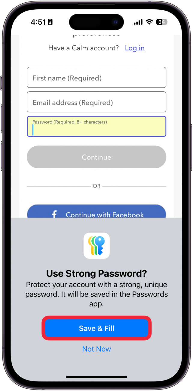 iphone safari website create an account screen displaying a pop up prompting the user to generate a secure password and save it to the passwords app