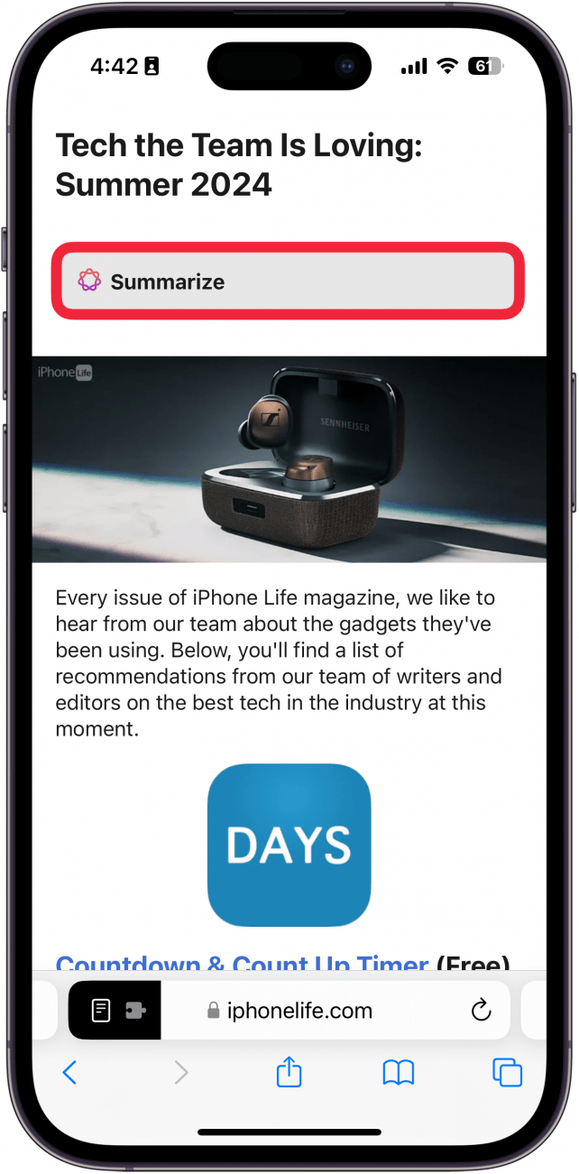 Safari with Reader mode on and a red box around the summarize button