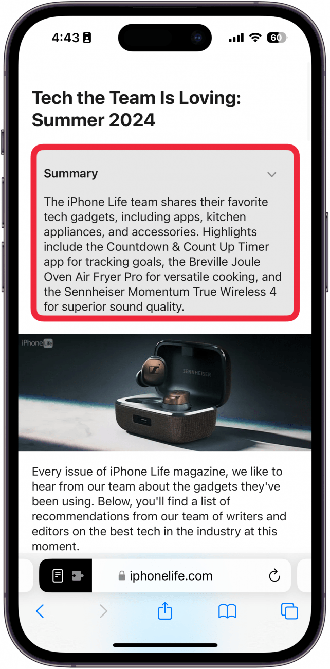 Safari with Reader mode on displaying a summary of the page and a red box around the summary