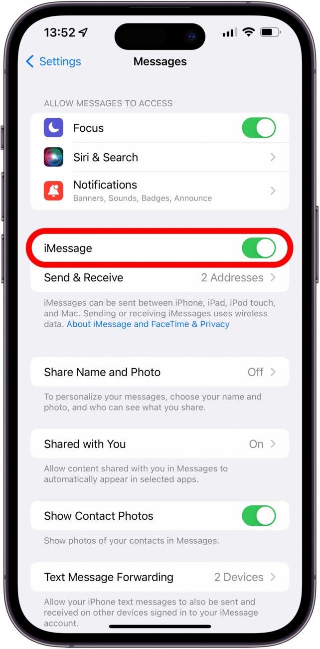 Make sure iMessage is toggled on.