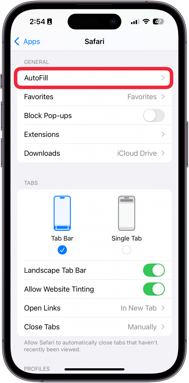 iphone safari settings with a red box around autofill