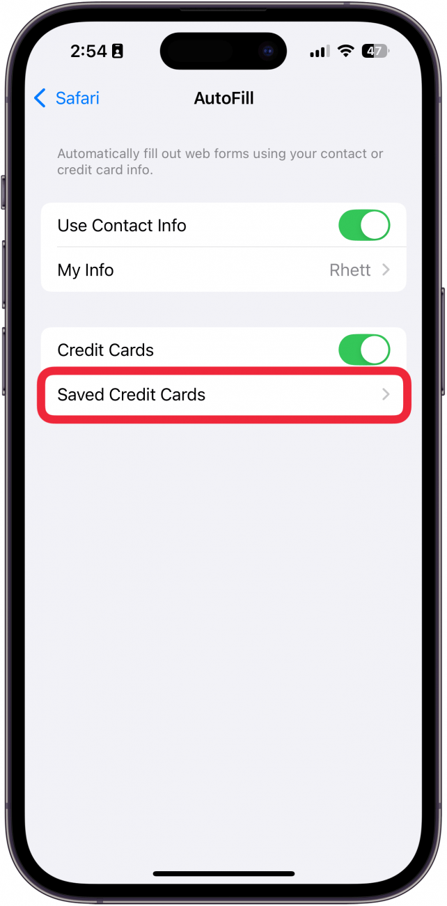 iphone autofill settings with a red box around saved credit cards