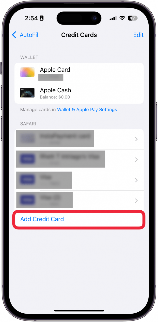 iphone autofill settings with a red box around add new credit card