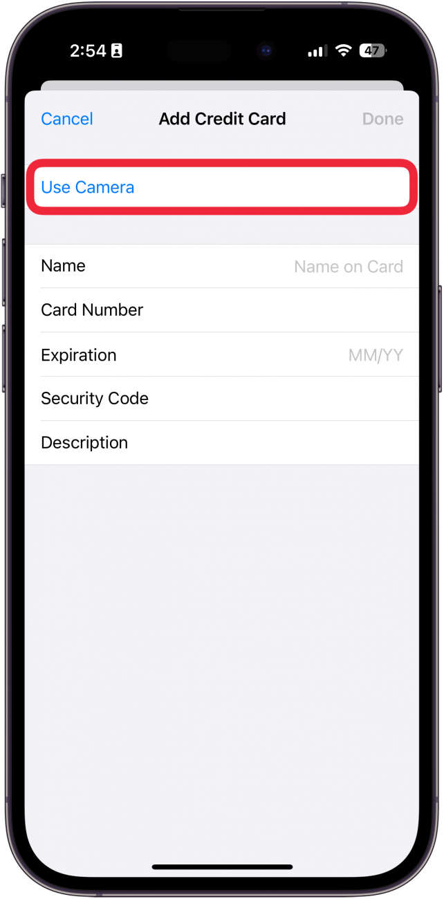 iphone autofill settings add new card screen with a red box around use camera button