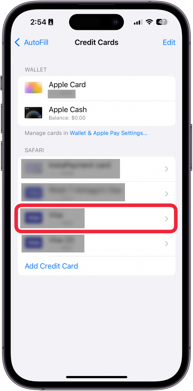 iphone autofill settings with a red box around a credit card