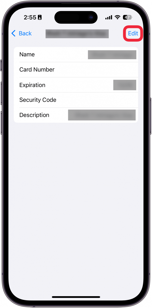 iphone autofill settings displaying card information with a red box around edit button