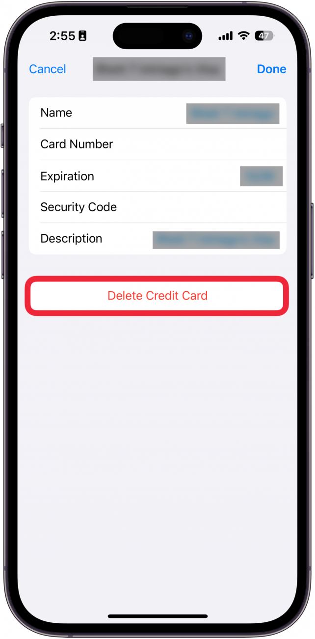 iphone autofill settings displaying card information with a red box around delete credit card button